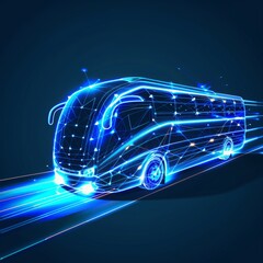 Digital blue high-speed bus in low poly wireframe, the future of logistics and public Transportation management. Smart Cities and Connected Transport Networks , Autonomous and Self-Driving.