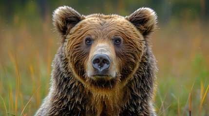 Fototapeta premium Close-up portrait of a brown bear with wet fur, staring intently, surrounded by a natural forest background