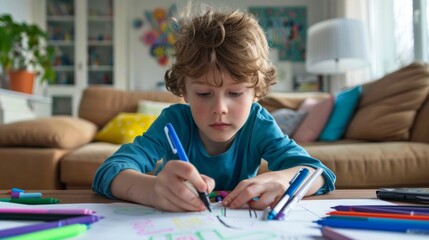 boy doing homework at home