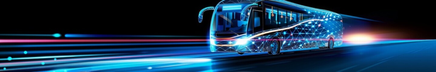 Digital blue high-speed bus in low poly wireframe, the future of logistics and public Transportation management. Smart Cities and Connected Transport Networks , Autonomous and Self-Driving.