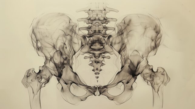 Detailed artistic representation of a human skeletal structure, showcasing the pelvis and spine in intricate design.