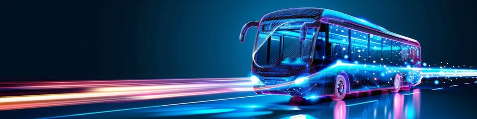 Digital blue high-speed bus in low poly wireframe, the future of logistics and public Transportation management. Smart Cities and Connected Transport Networks , Autonomous and Self-Driving.