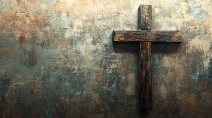 A rustic wooden cross stands against a textured background of blended paint, symbolizing faith and spirituality