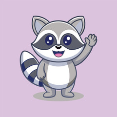 Cute Raccoon Waving Hand Cartoon Vector Icon Illustration. Isolated Flat Cartoon Style