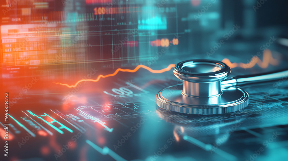 Aufkleber stethoscope analyzing healthcare data with modern digital display showing charts and numbers, concep
