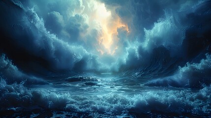 Capture the moment as Moses guides the Israelites through the parted Red Sea, with towering walls of water on either side, illuminated by a soft, divine light,