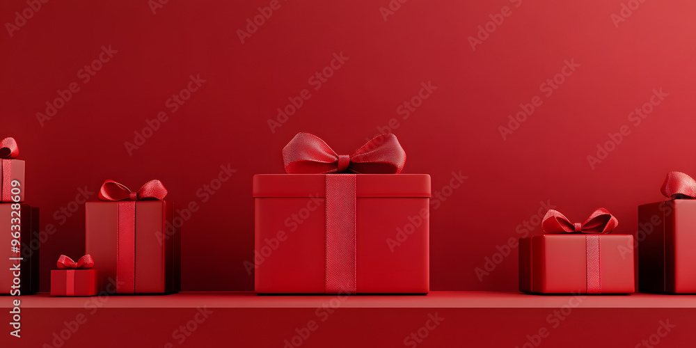 Poster Minimal product background for Christmas, New year and sale event concept. Red gift box with red ribbon bow on red background. 3d render illustration. Clipping path of each element included.
