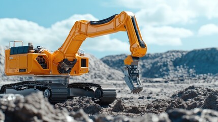 An excavator on a construction site, digging into the ground under a clear blue sky, showcasing industrial machinery in action.