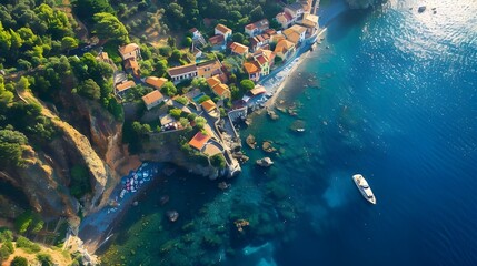 Aerial drone view of town houses or homes on ocean or seacoast. Mediterranean island tourism landscape, summer holiday cityscape, boat on water, coastal panoramic cliff, Italian village 