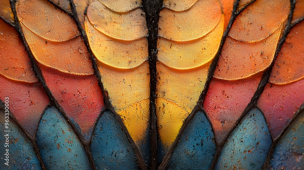 Poster a close-up of a butterfly's wing, showing the intricate patterns and colors of the scales.