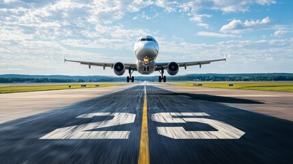 Passenger airplane taking off from runway number 25