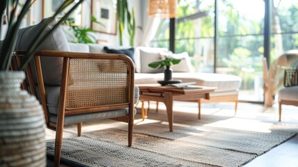Obraz premium Modern living room with wooden furniture, a large window, and lush greenery. The sun shines through the window, illuminating the space.