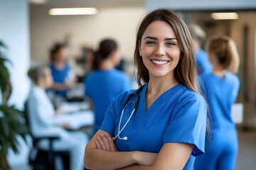 In the hospital hallway, a young nurse smiles with doctors and staff visible in the background. Portrait of a young nurse among hospital professionals.