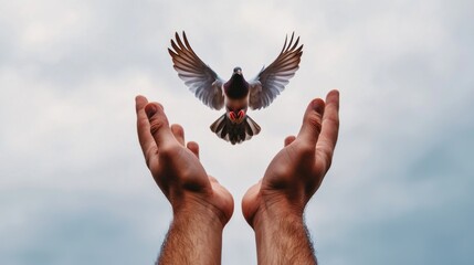 A pair of hands releasing a dove into a stormy sky, letting go, grief turning into acceptance
