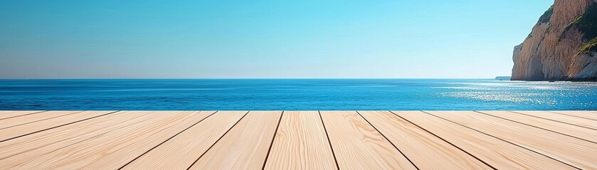 Fototapeta premium Serene ocean view from a wooden deck, capturing the tranquility of nature and the vastness of the sea under a clear blue sky.
