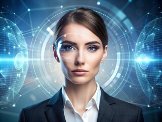 ฆmart technology for face recognition, double exposure. Biometric identification, futuristic cyber security, scanning, and facial detection