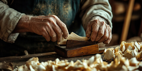 The Craftsman's Touch: An elderly man tenderly shaving wood with a traditional hand plane.