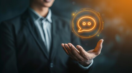A businessman holds a glowing chat bubble icon in his hand, representing communication and online interaction.
