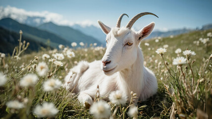 Obraz premium White little goat on alpine meadow with mountains in the background. Goat on green grass with flowers. Rural landscape 