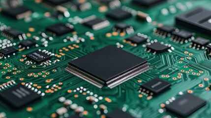 Close-up of a circuit board showcasing advanced technology with chips and intricate pathways for electronic connectivity.