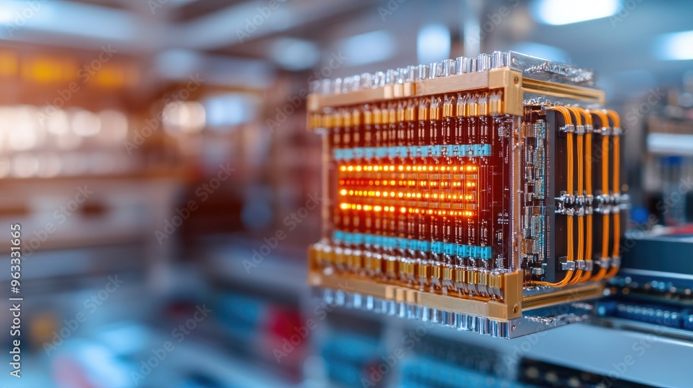 Poster close-up of a futuristic quantum computer component with glowing lights and intricate circuitry, sho