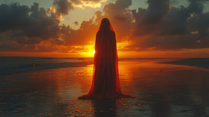 Silhouette of a woman in red fabric at sunset on the beach