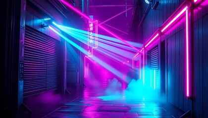 Neon-Lit Alley with Intersecting Beams in Magenta and Cyan, Glossy Wet Surfaces