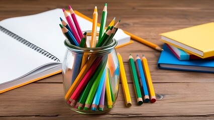Fototapeta premium An Inspirational Back to School Concept Featuring a Glass Jar Full of Colorful Pencils on a Rustic Wooden Table