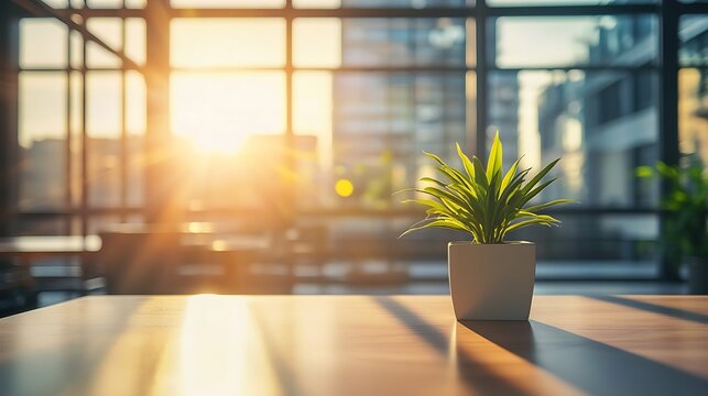 A modern, sunlit office with large glass windows, sleek furniture, and a small potted plant on the table, reflecting a professional atmosphere.