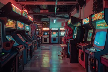 Retro arcade game room with colorful flashing lights illuminating the scene
