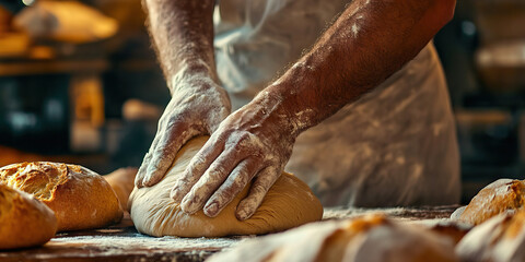 The Baker's Artistry: A skilled baker expertly kneading dough for a fresh batch of bread.