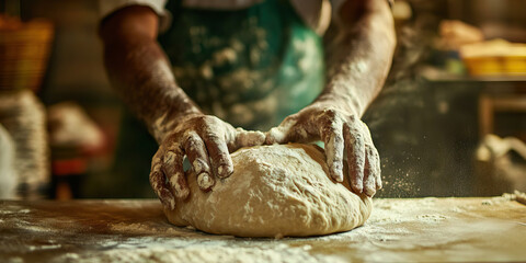 The Baker's Artistry: A skilled baker expertly kneading dough for a fresh batch of bread.