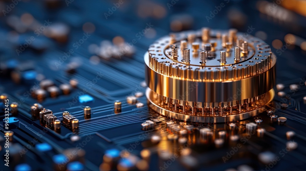 Poster close-up of a metallic component on a high-tech circuit board, showcasing intricate details and a fu