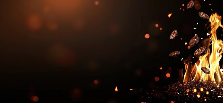 Close up of flame grilling delicious juicy burgers. Space for text. Food background.