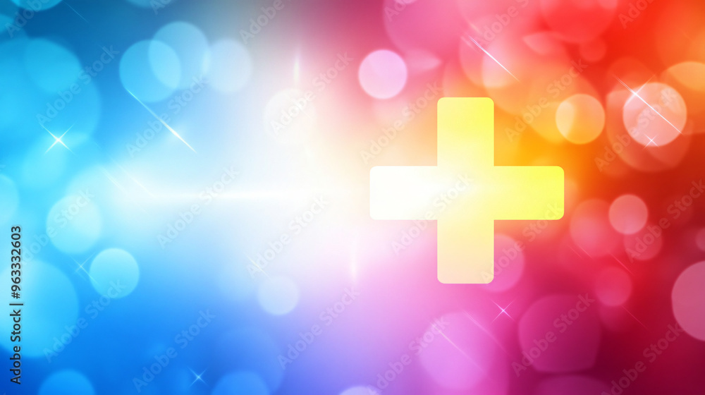 Poster bright yellow cross is shining on a colorful background with lens flares and bokeh