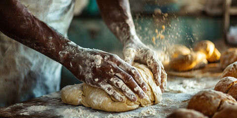 The Baker's Artistry: A skilled baker expertly kneading dough for a fresh batch of bread.