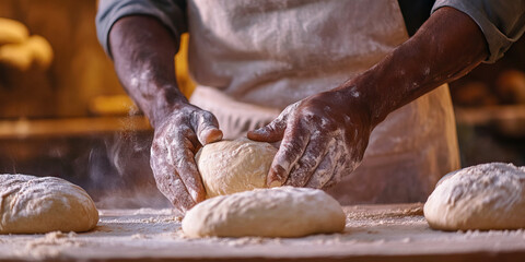 The Baker's Artistry: A skilled baker expertly kneading dough for a fresh batch of bread.