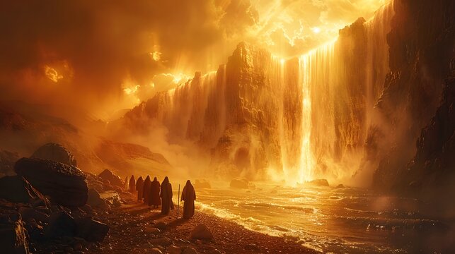 Depict the miraculous scene where the Red Sea parts to form a shimmering, divine pathway, with Moses leading the Israelites through the surreal landscape filled with glowing light  
