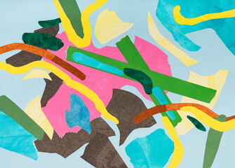 Aqua, pink and yellow abstract collage art