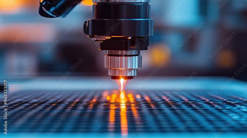 Poster close-up of a microscope lens with focused illumination highlighting a surface, symbolizing scientif