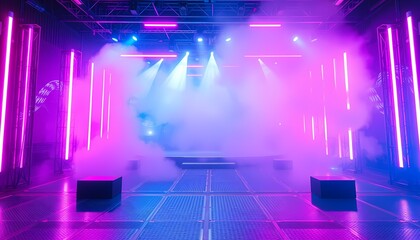 Cyberpunk Event Stage with Neon Light Tubes in Pink and Blue, Metallic Floor, and Fog