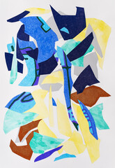 Vertical abstract collage art in yellow, blue and green colors