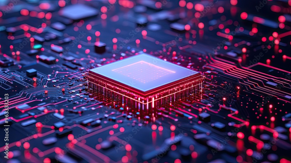 Poster close-up of a modern computer chip on a circuit board with glowing red elements, showcasing advanced