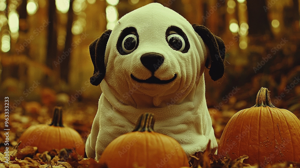 Wall mural cute dog in a ghost costume sits among pumpkins.