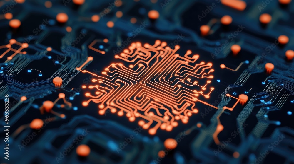 Poster close-up of a modern circuit board with glowing orange lines and dots, highlighting intricate electr