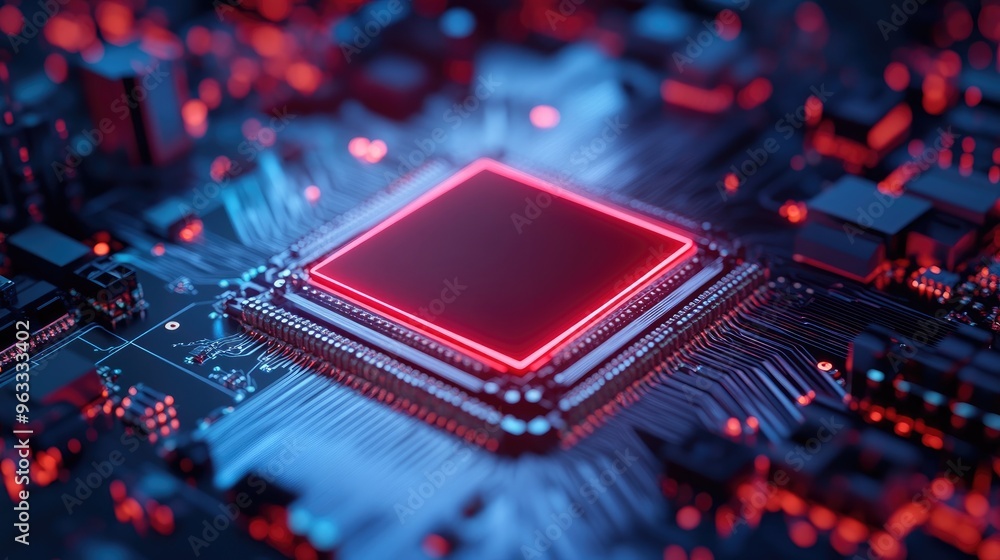 Poster close-up of a modern cpu with glowing red lights on a circuit board, showcasing advanced technology 