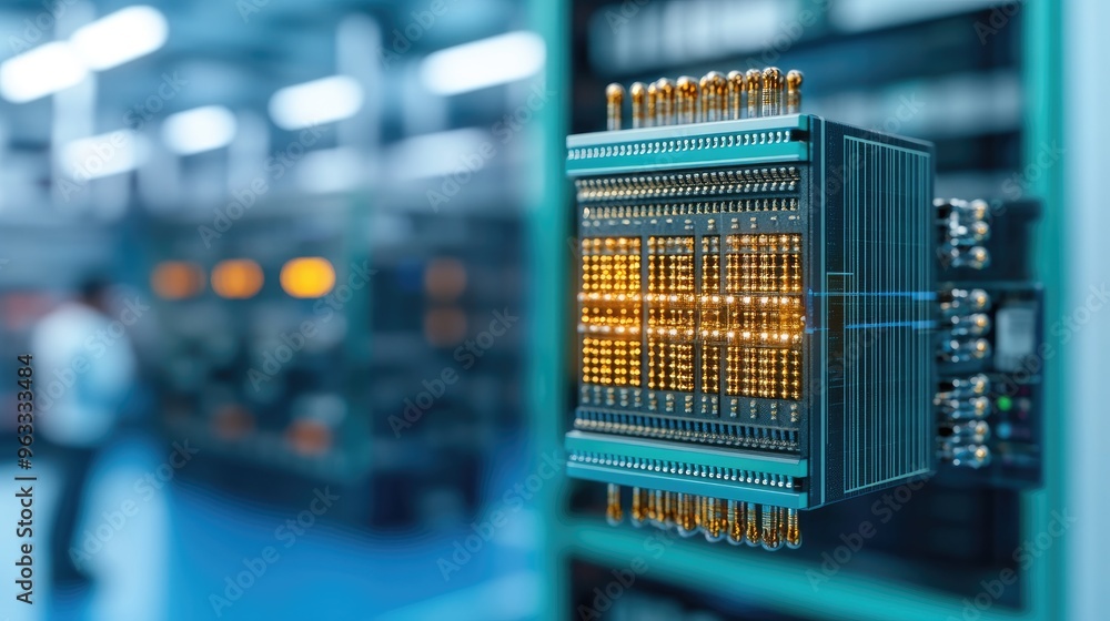 Poster close-up of a modern microchip displayed in a technology lab, showcasing intricate details and advan