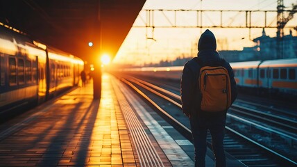 Person standing at a train station platform at dawn, wait for boarding. ready to a new adventure.