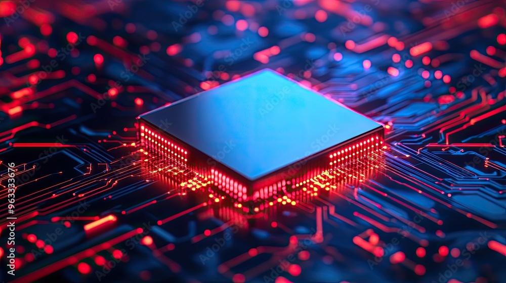 Poster close-up of a modern microchip on a circuit board, illuminated in vibrant red and blue tones, symbol
