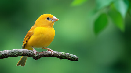 Bright yellow canary perched on a branch in lush greenery